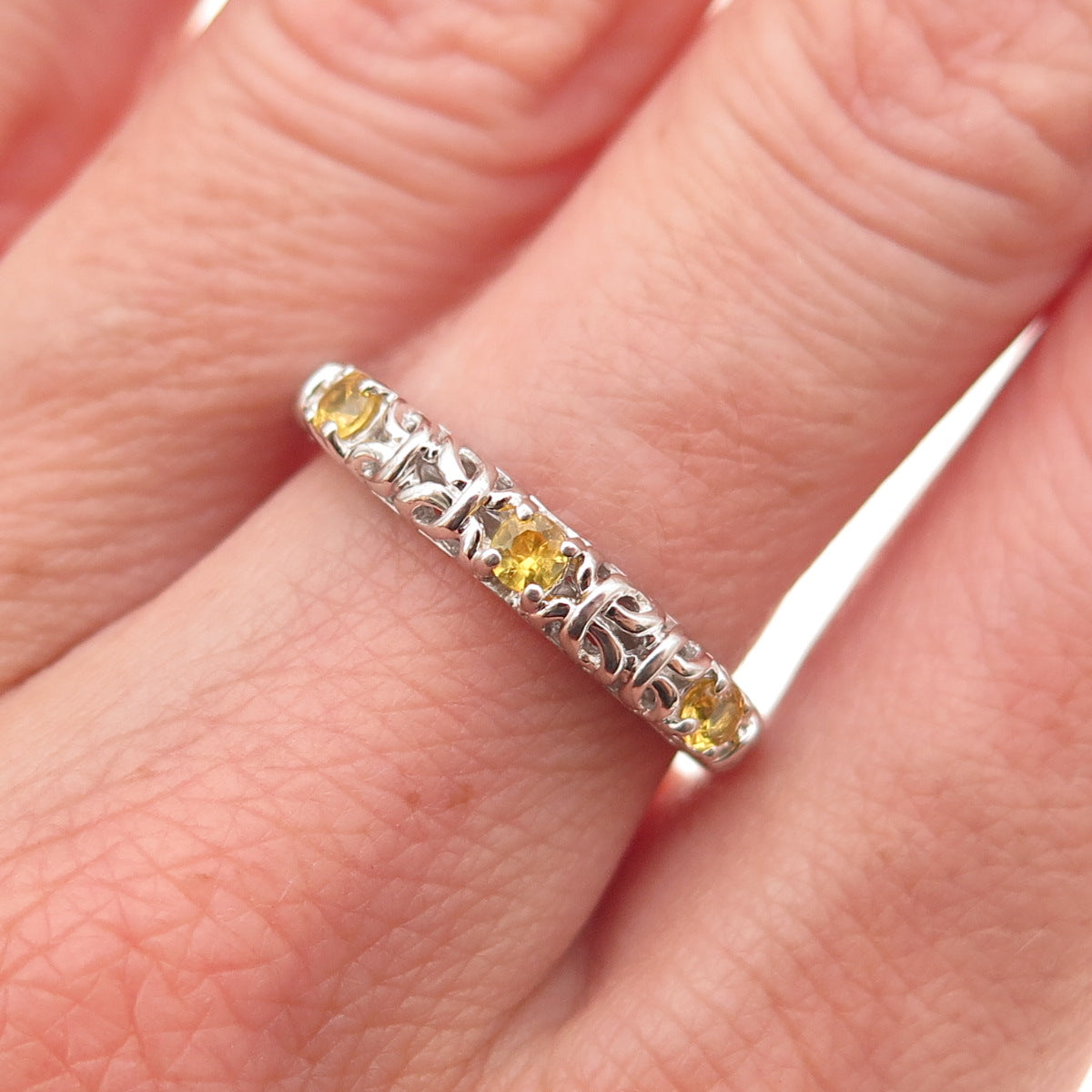 925 Sterling Silver Vintage Real Yellow Sapphire Byzantine Band Ring Size 6.75
