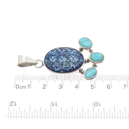 950 Silver Vintage Real Turquoise & Hand-Painted Ceramic Modernist Pendant