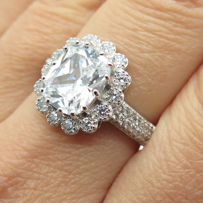 925 Sterling Silver Real Cushion & Round-Cut C Z Ring Size 8.25