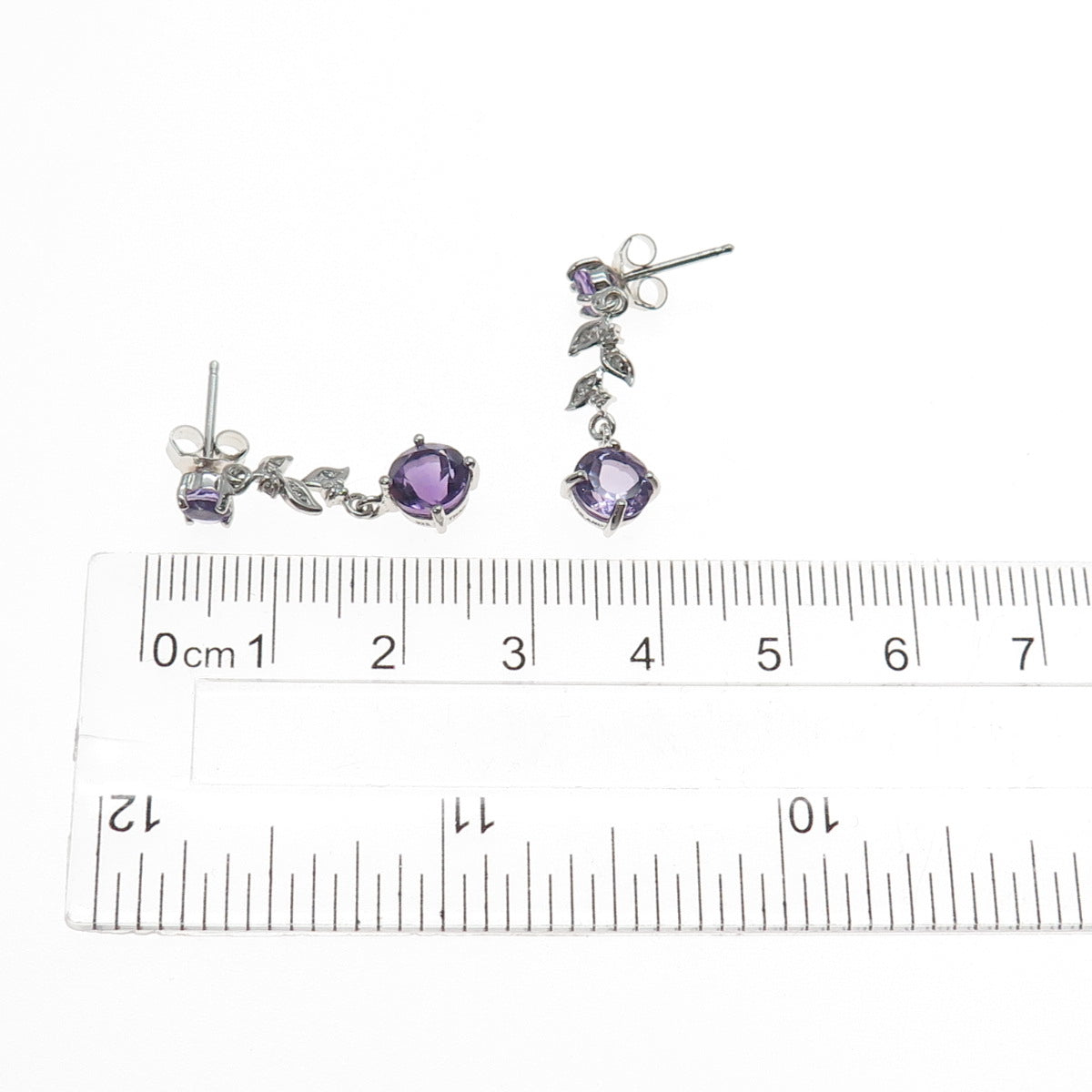 925 Sterling Silver Real Diamond & Amethyst Floral Leaf Dangle Earrings