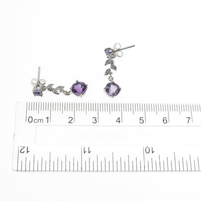 925 Sterling Silver Real Diamond & Amethyst Floral Leaf Dangle Earrings