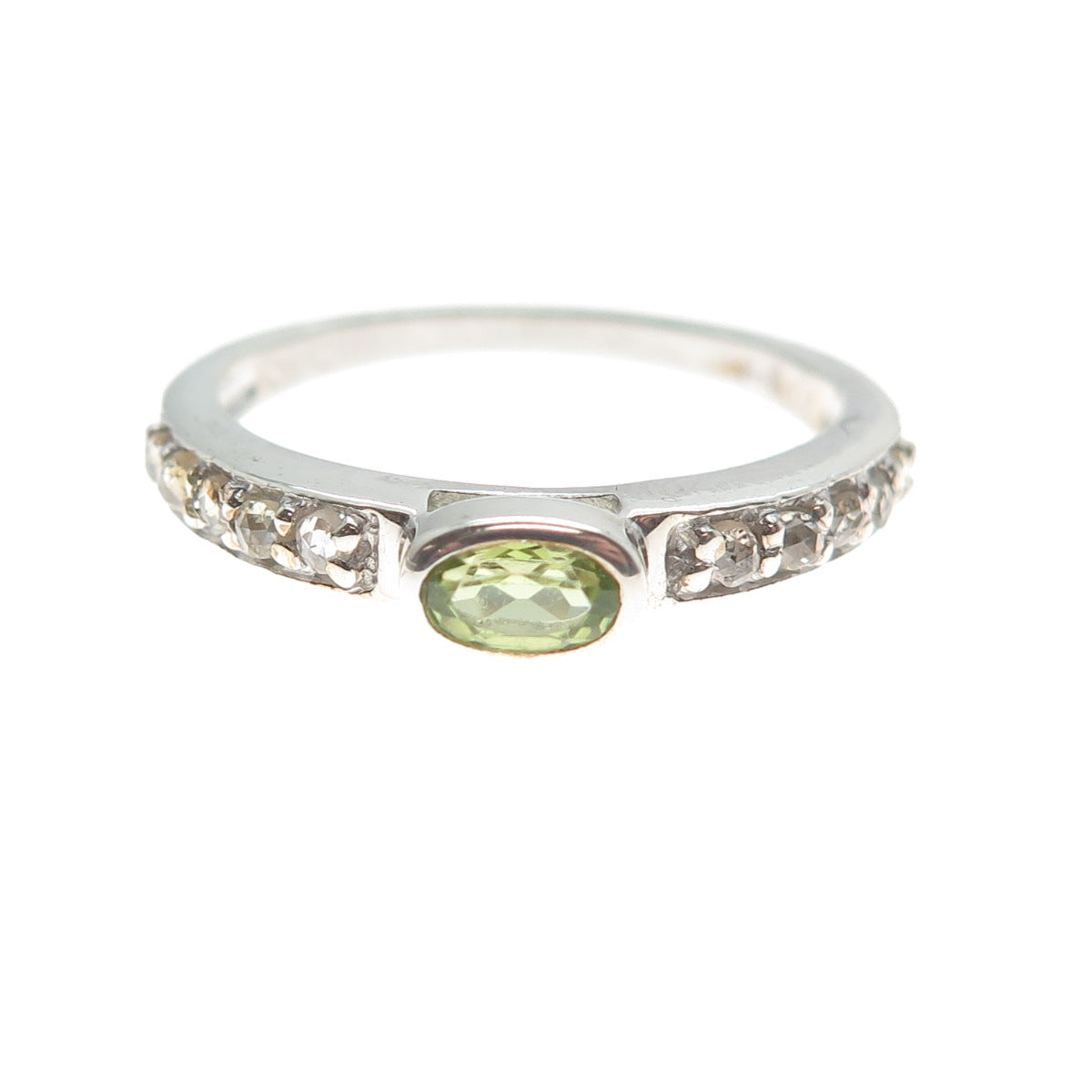 925 Sterling Silver Real Round-Cut Diamond & Oval-Cut Peridot Ring Size 7.75