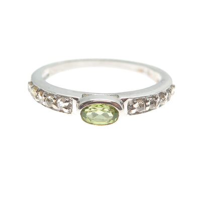 925 Sterling Silver Real Round-Cut Diamond & Oval-Cut Peridot Ring Size 7.75