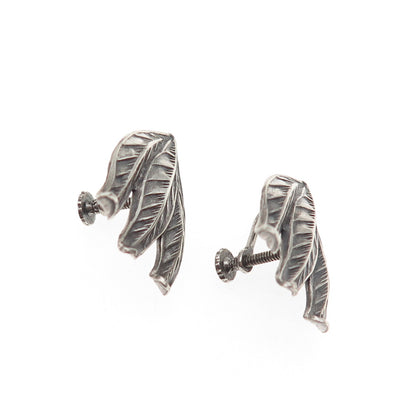 925 Sterling Silver Antique Art Deco Floral Oxidized Screw Back Earrings