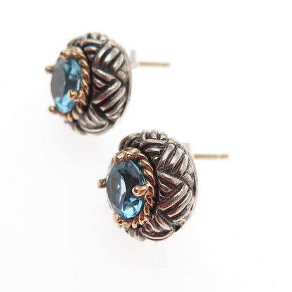 925 Sterling Silver 14K Gold Vintage Real Blue Topaz Oxidized Stud Earrings