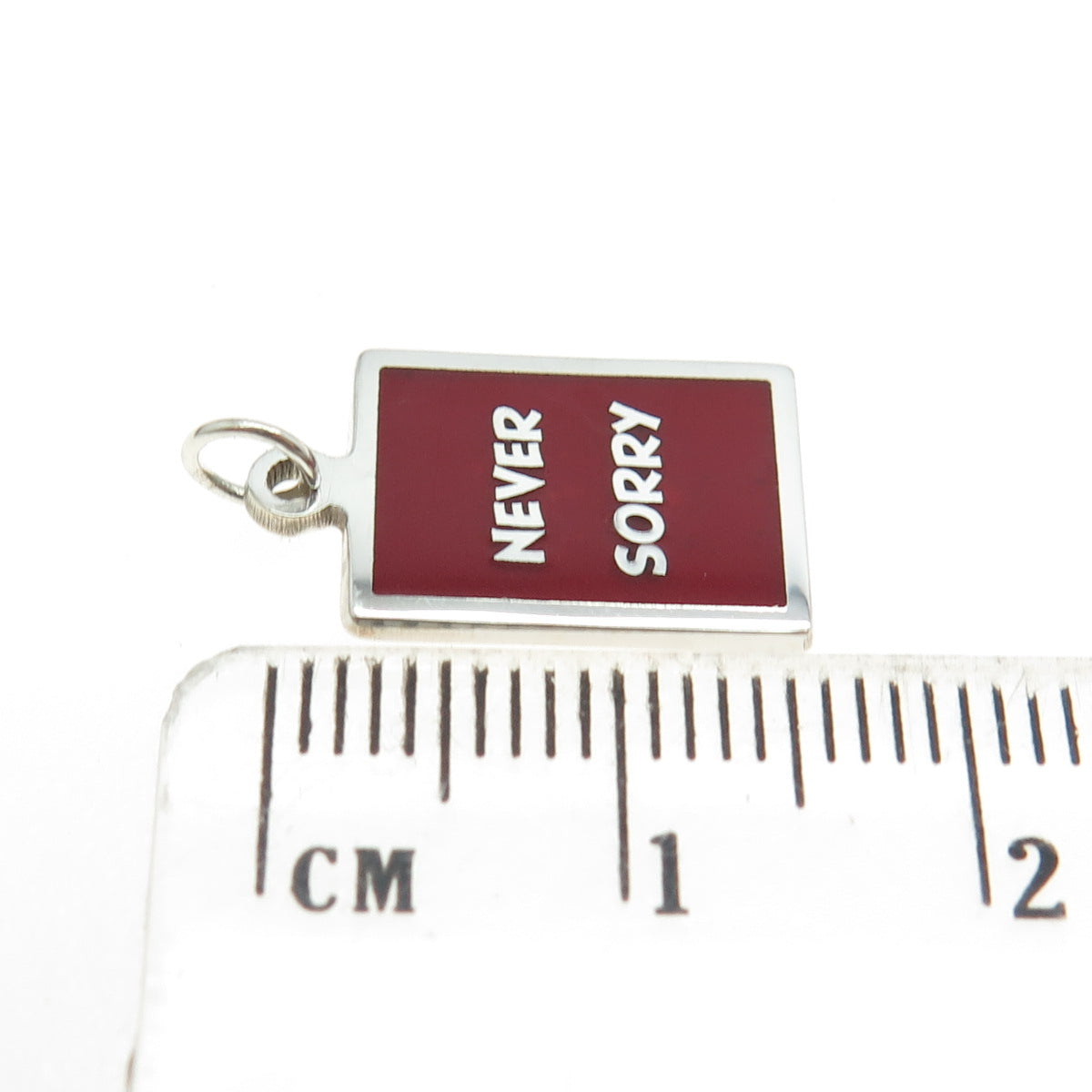 925 Sterling Silver Red Enamel "Never Sorry" Minimalist Charm Pendant