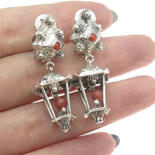 800 Silver Antique Italy Real Coral Lamp Lantern Clip On Dangle Earrings