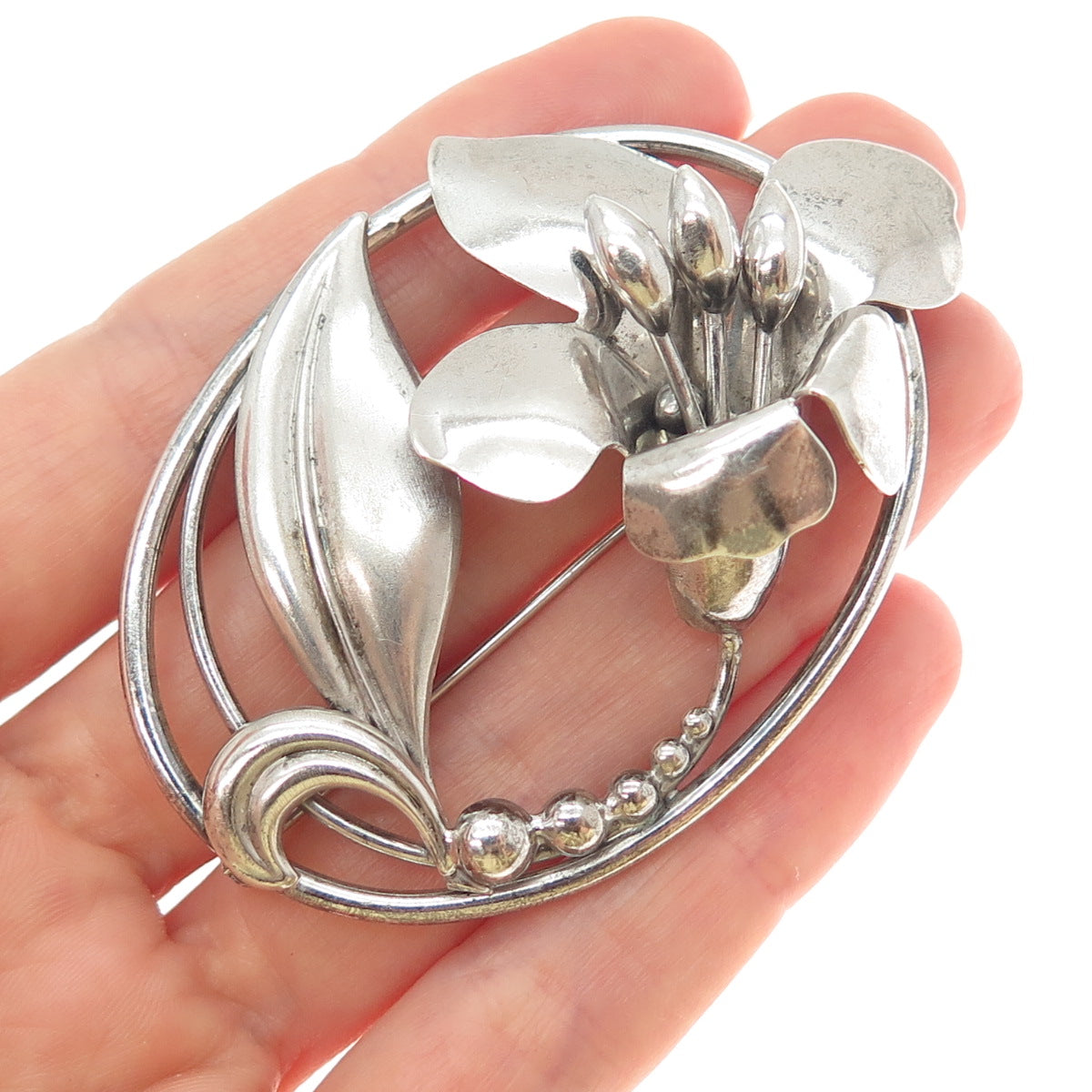 BINDER BROTHERS 925 Sterling Silver Vintage Lily Flower Oxidized Pin Brooch