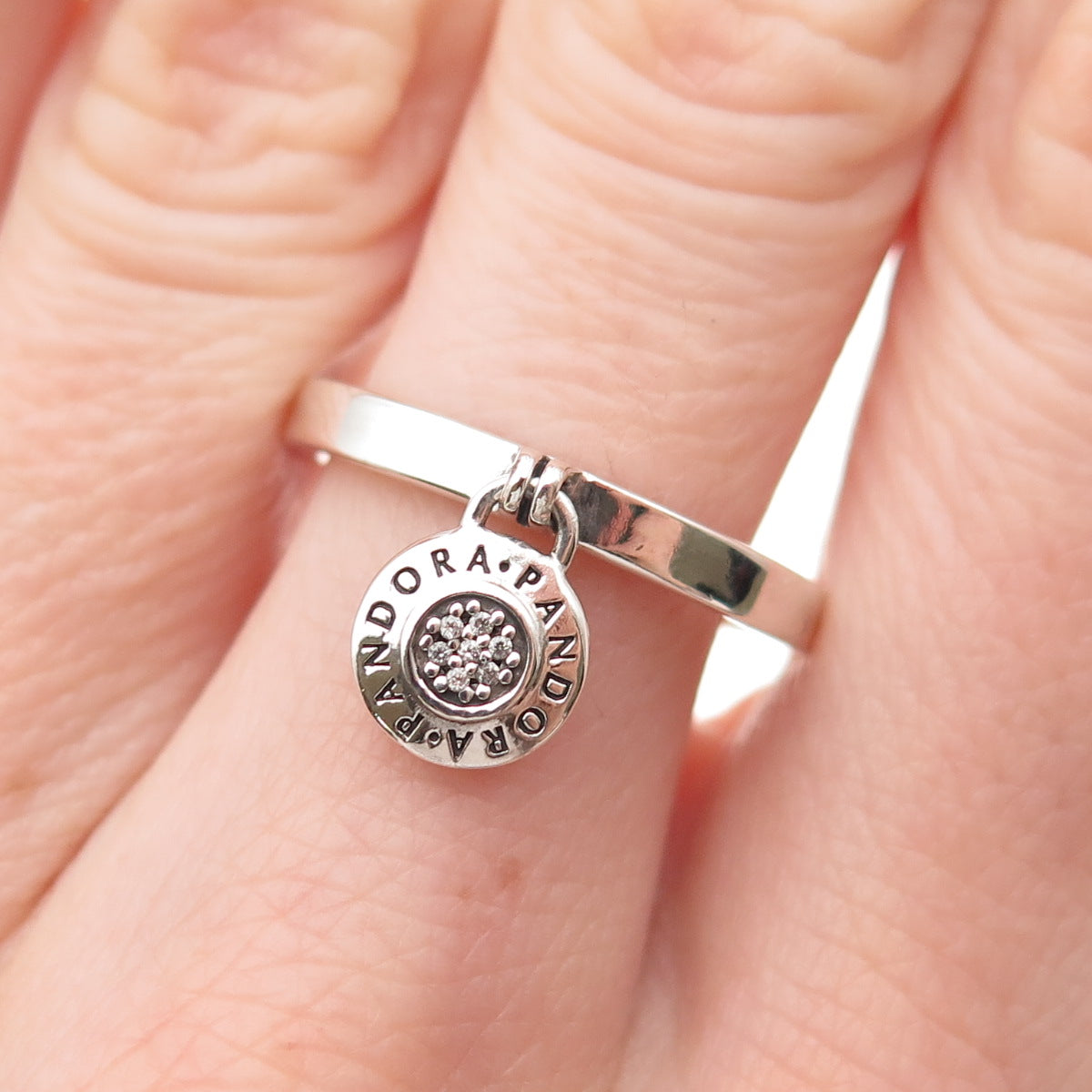 Pandora 925 Sterling Silver C Z Signature Logo Padlock Charm Ring Size 7.75