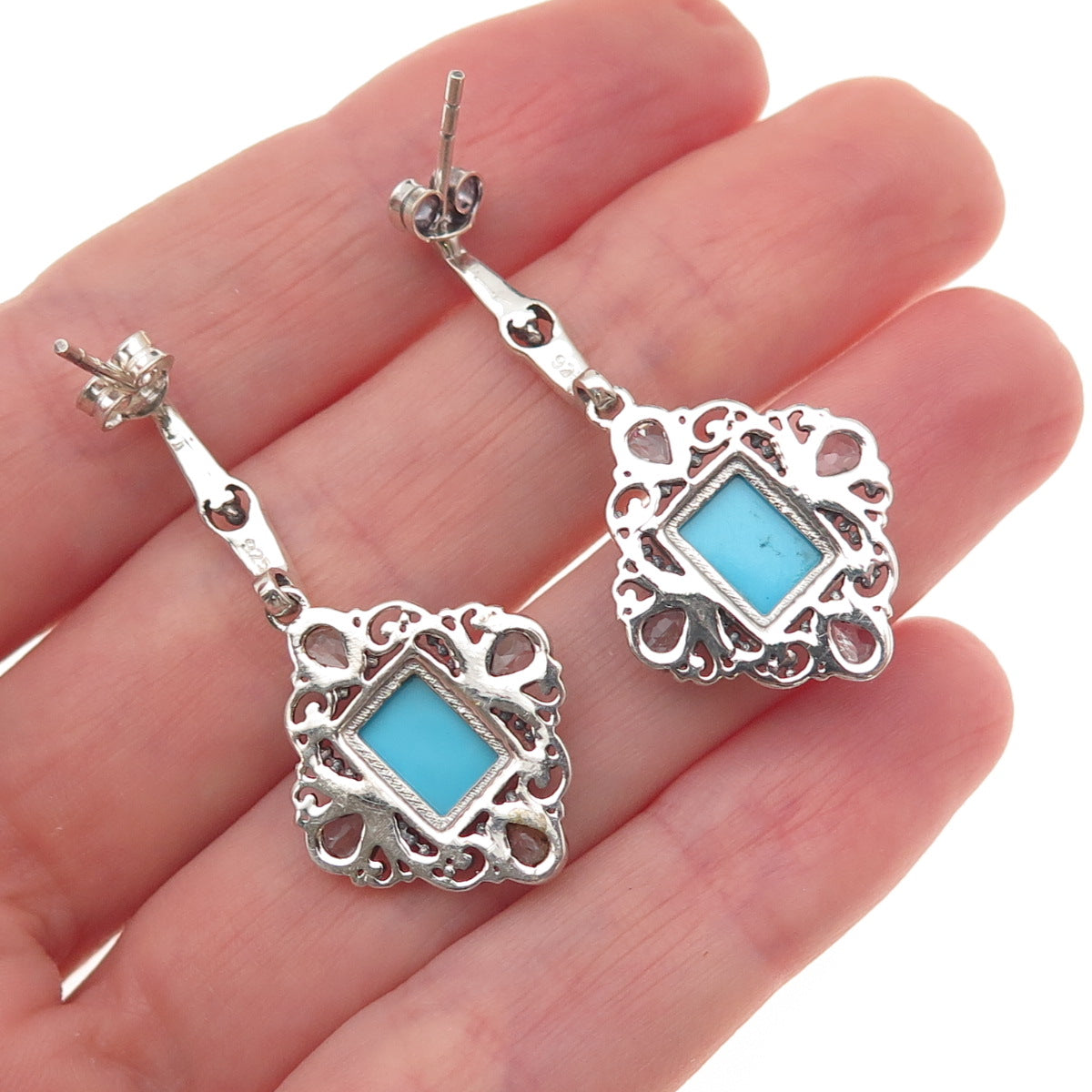 925 Sterling Silver Vintage Real Turquoise & Blue Topaz Dangle Earrings