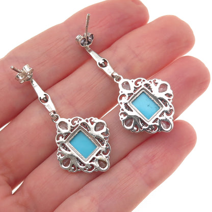 925 Sterling Silver Vintage Real Turquoise & Blue Topaz Dangle Earrings