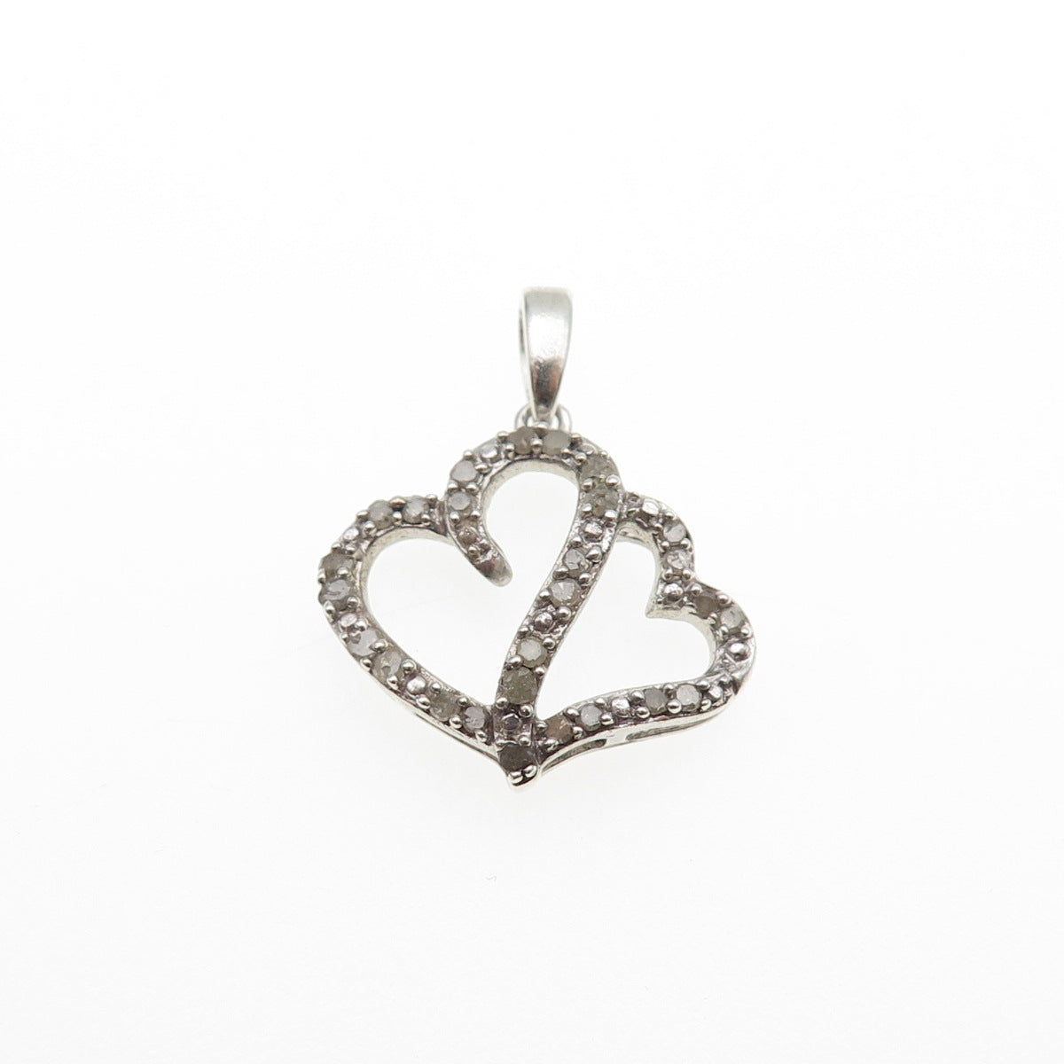 925 Sterling Silver Real Round-Cut Diamond Double Heart Mini Charm Pendant
