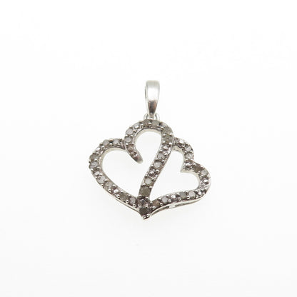 925 Sterling Silver Real Round-Cut Diamond Double Heart Mini Charm Pendant
