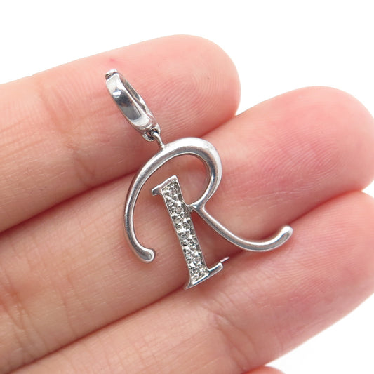 925 Sterling Silver Real Round-Cut Diamond Letter "R" Charm Pendant
