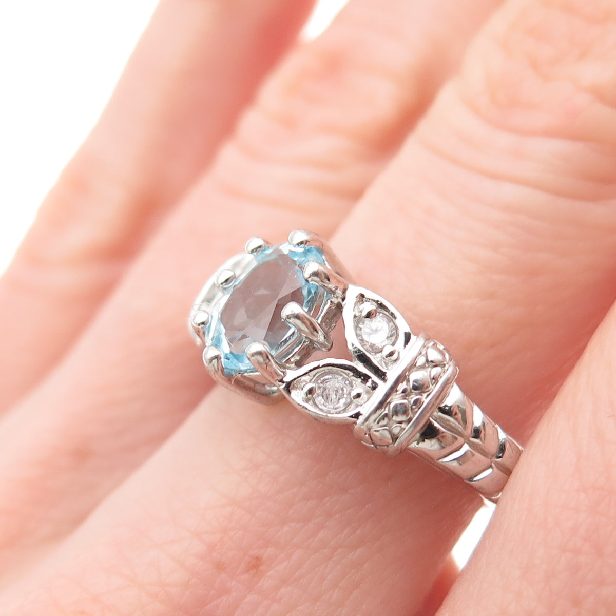 RJ GRAZIANO 925 Sterling Silver Real Blue Topaz & C Z Ring Size 7.25