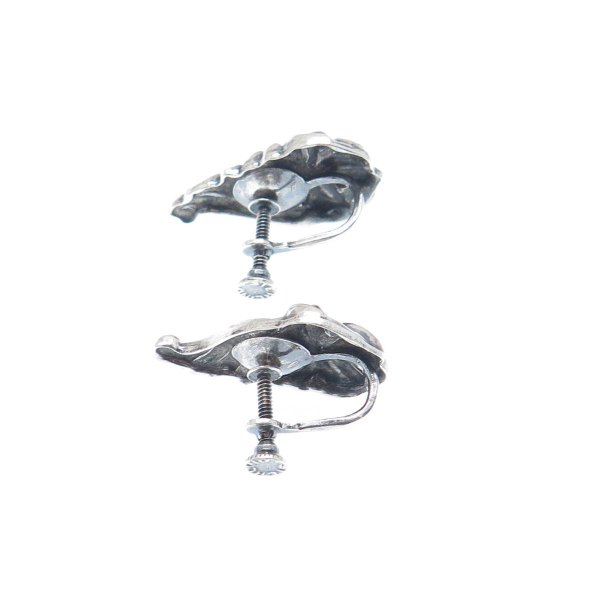 925 Sterling Silver Vintage Flower Repousse Oxidized Screw Back Earrings