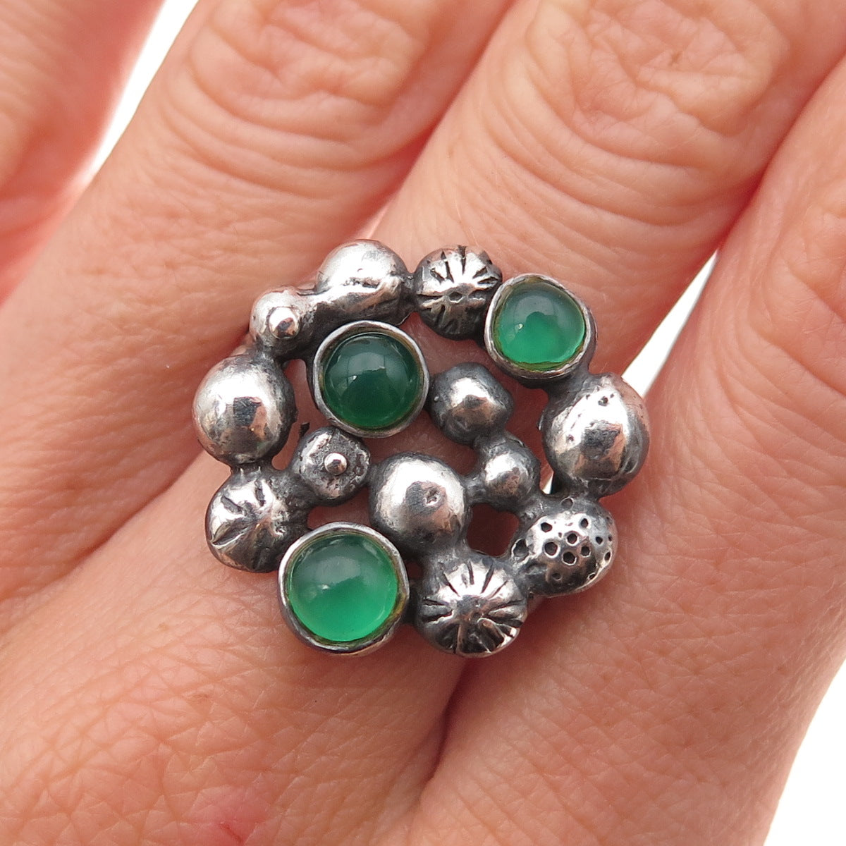 925 Sterling Vintage Israel Real Green Onyx Modernist Adjustable Ring Size 7.75