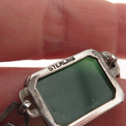 925 Sterling Antique Art Deco Real Green Onyx & Marcasite Bracelet Centerpiece