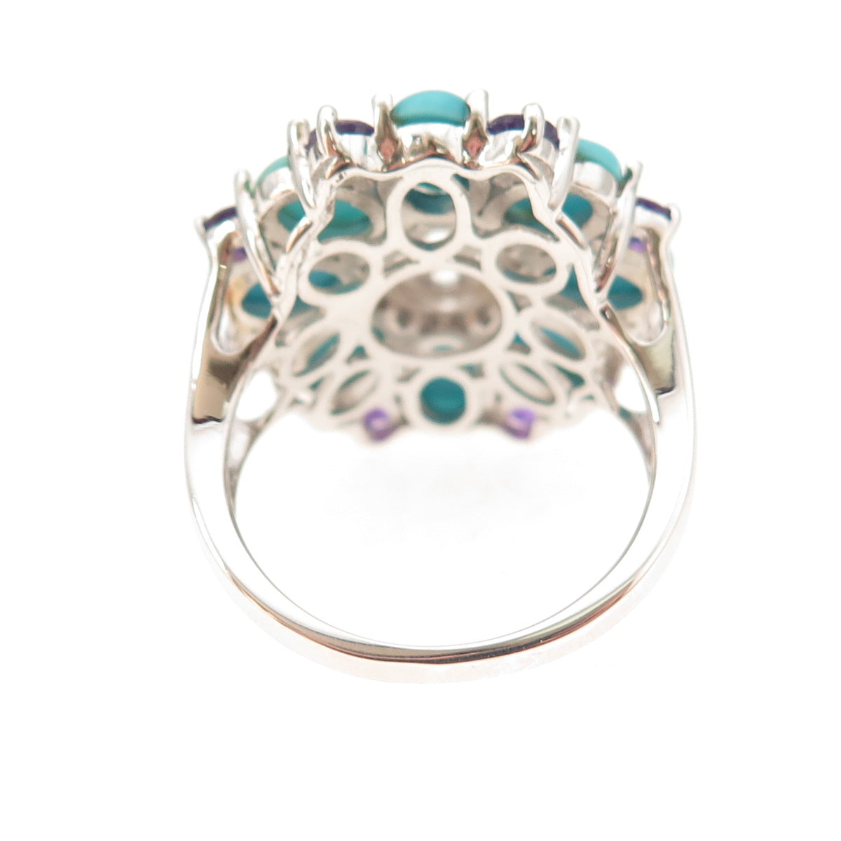 925 Sterling Silver Real Sleeping Beauty Turquoise Amethyst Topaz Ring Size 8.25
