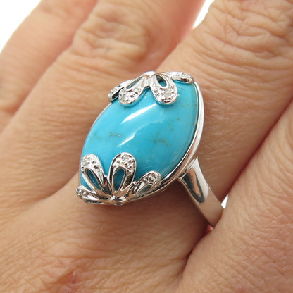 925 Sterling Silver Real Round-Cut Diamond & Turquoise Floral Ring Size 10