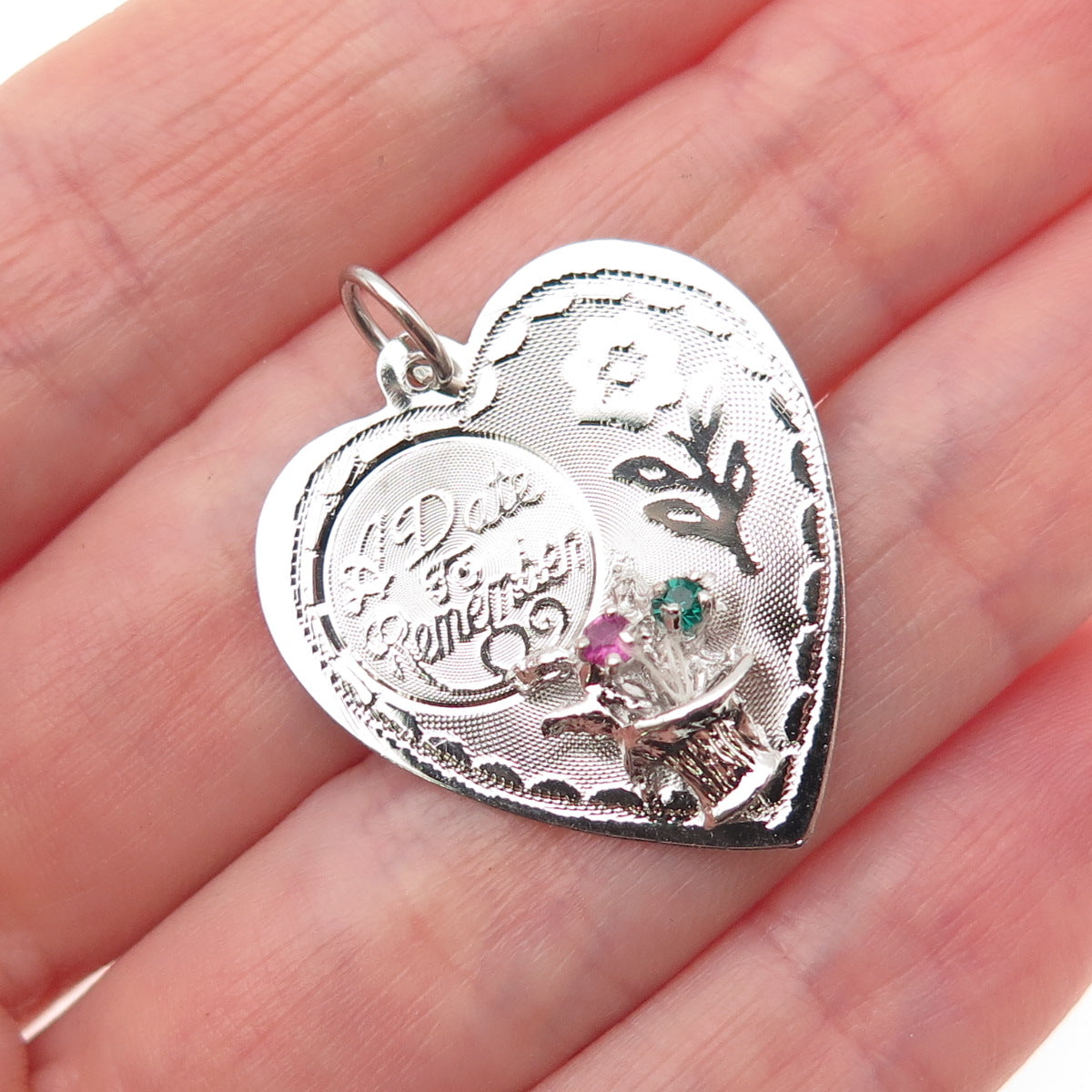925 Sterling Silver Vintage Rhinestone A Date to Remember Heart Pendant