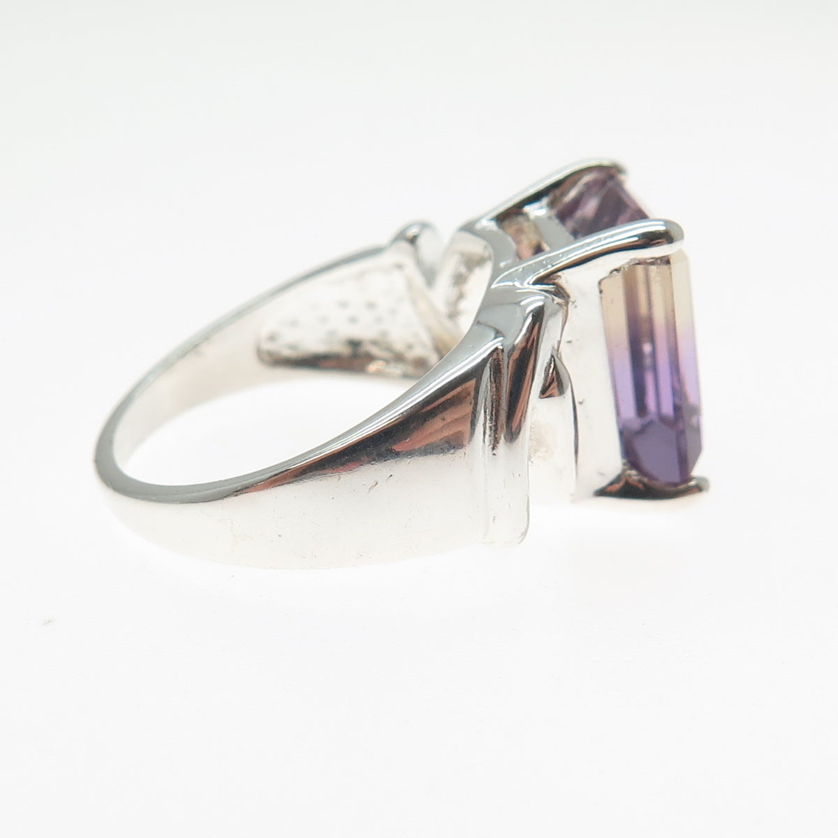 925 Sterling Silver Vintage Real Emerald-Cut Ametrine Ring Size 7