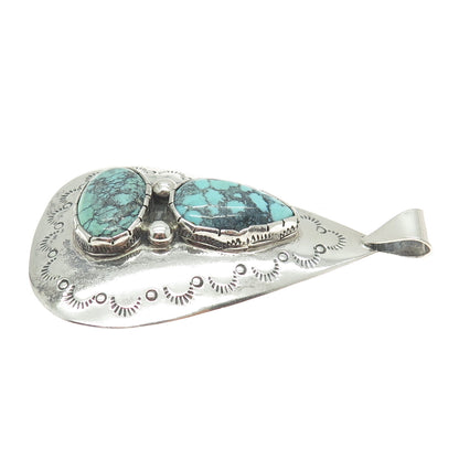 Old Pawn 925 Sterling Silver Vintage Peacock Turquoise Teardrop Tribal Pendant