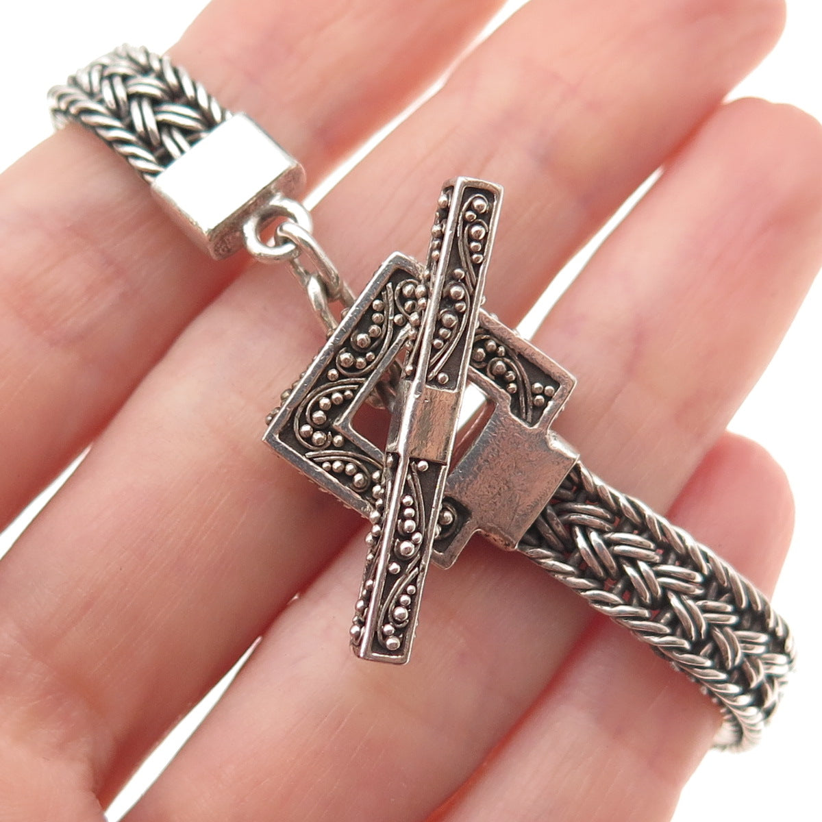 Lois Hill 925 Sterling Silver Vintage Woven Link Oxidized Bracelet 6.5"