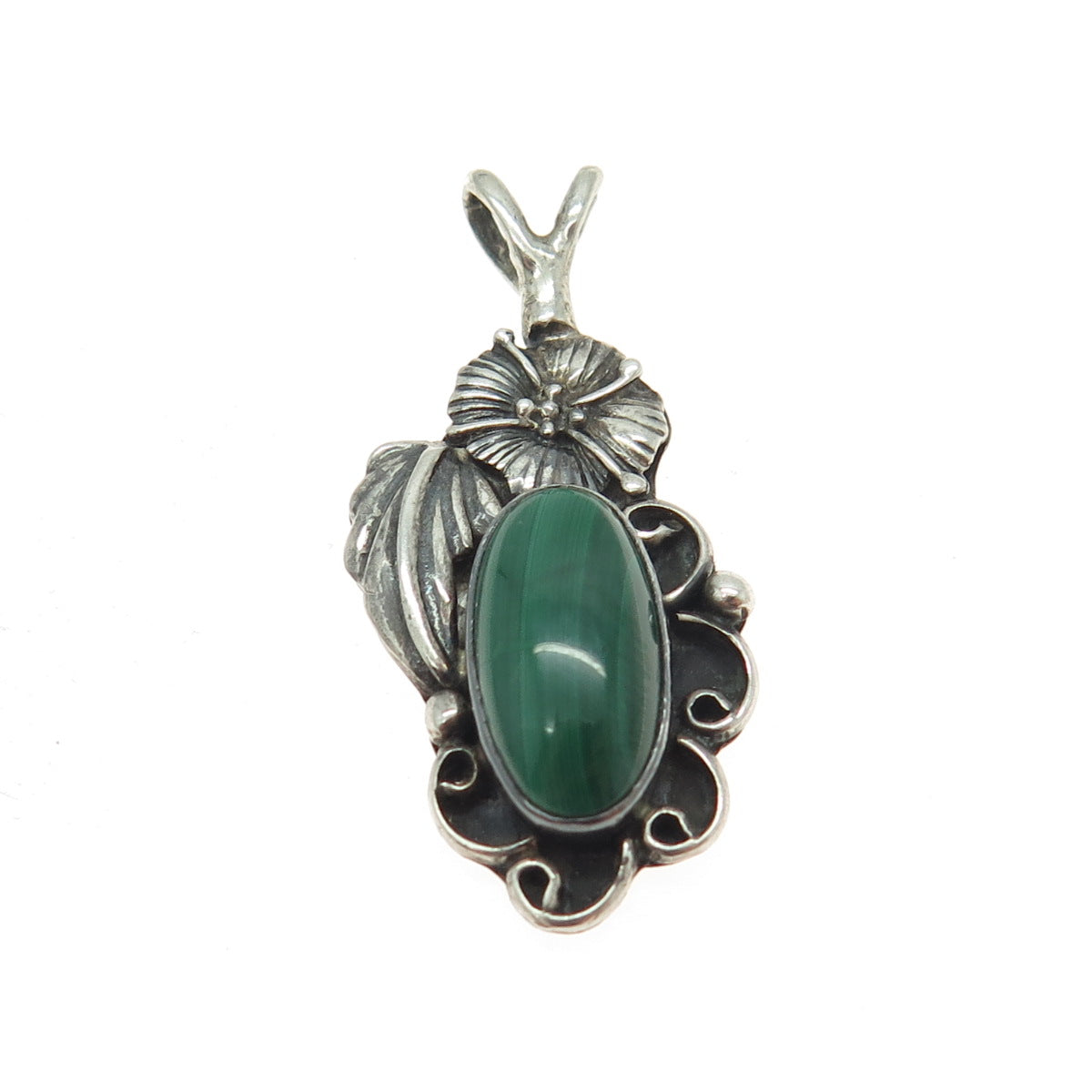 CAROL FELLEY Sterling Silver Vintage 1994 Real Malachite Floral Feather Pendant