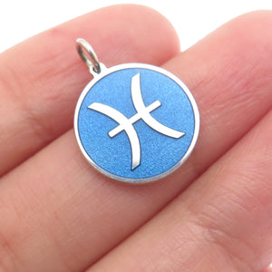 925 Sterling Silver Blue Enamel Pisces Zodiac Sign Minimalist Charm Pendant