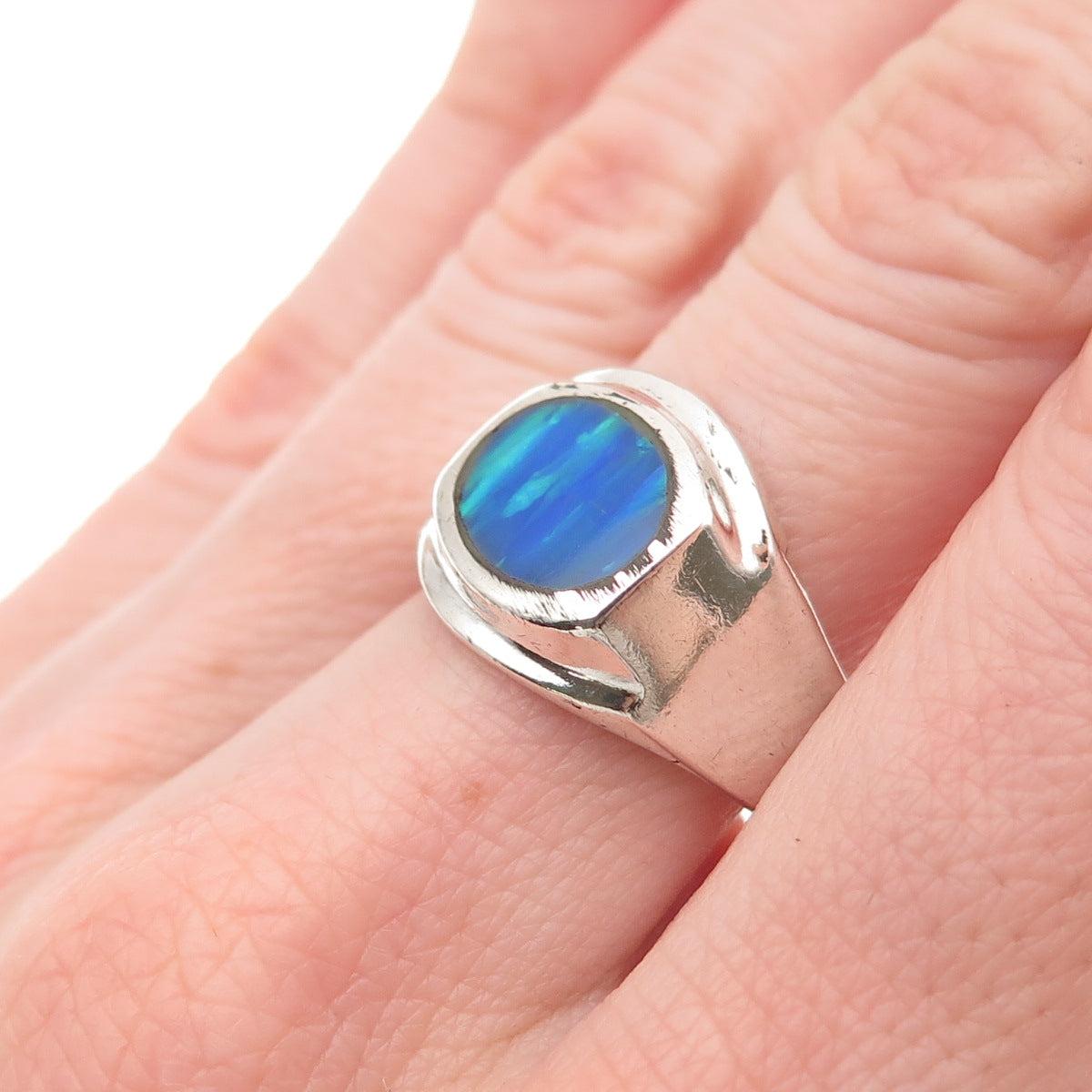 925 Sterling Silver Vintage Mexico Real Opal Modernist Ring Size 8.25