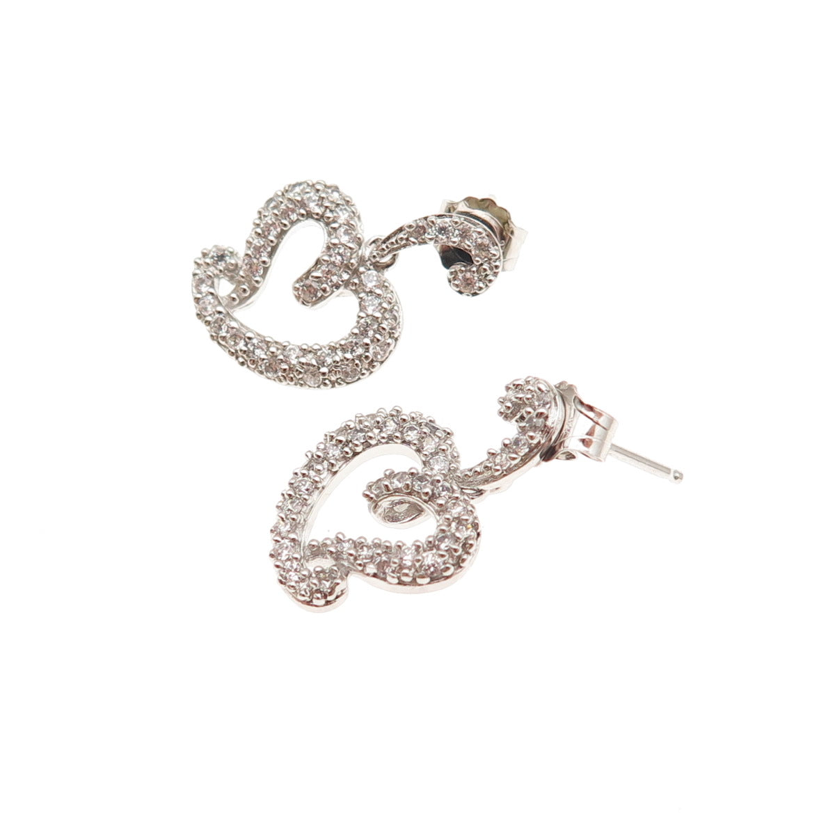 925 Sterling Silver Round-Cut C Z Heart Dangle Earrings
