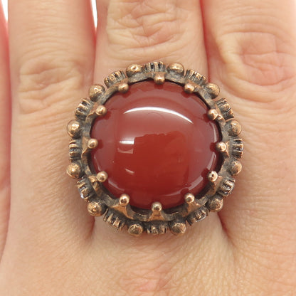 925 Sterling Silver 2-Tone Vintage Carnelian C Z Crown Tulip Flower Ring Size 8