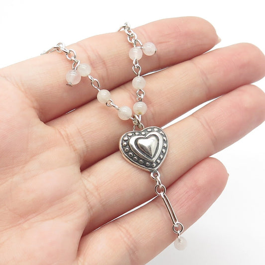925 Sterling Silver Vintage Real Rose Quartz Figaro Chain Necklace 16"
