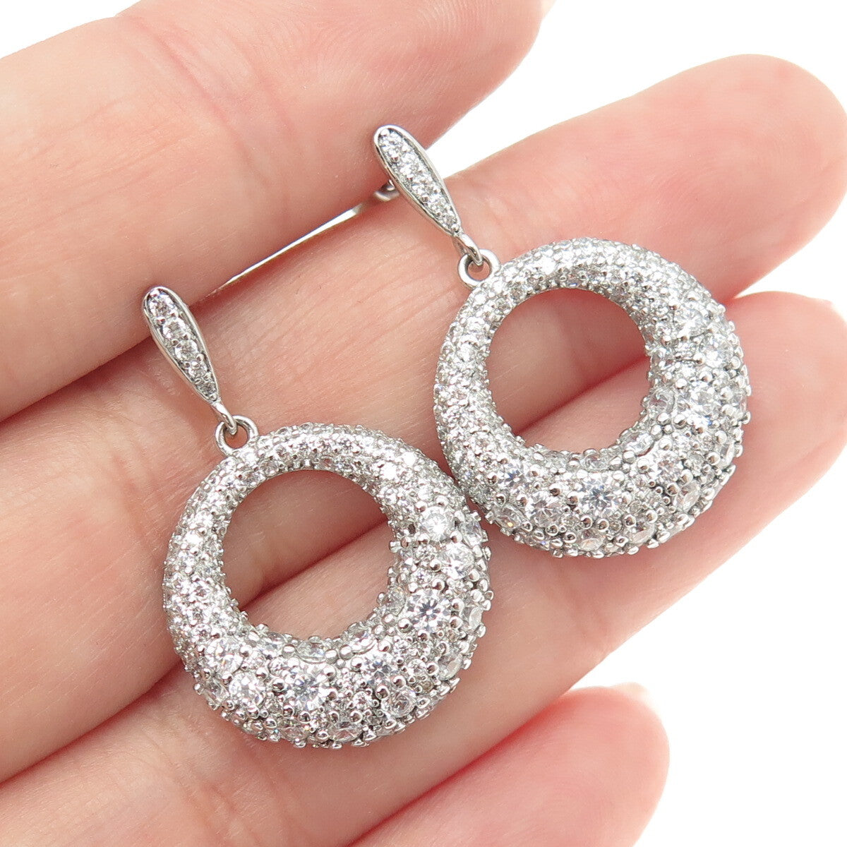 925 Sterling Silver Round-Cut C Z Crescent Dangling Earrings