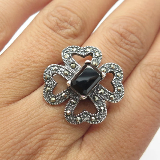925 Sterling Silver Vintage Real Onyx & Marcasite Clover Lucky Ring Size 6.75