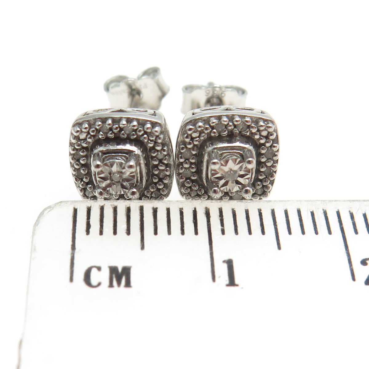 SUN 925 Sterling Silver Real Round-Cut Diamond Square Stud Earrings