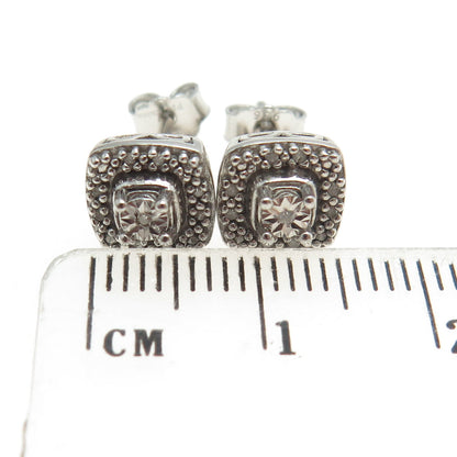 SUN 925 Sterling Silver Real Round-Cut Diamond Square Stud Earrings