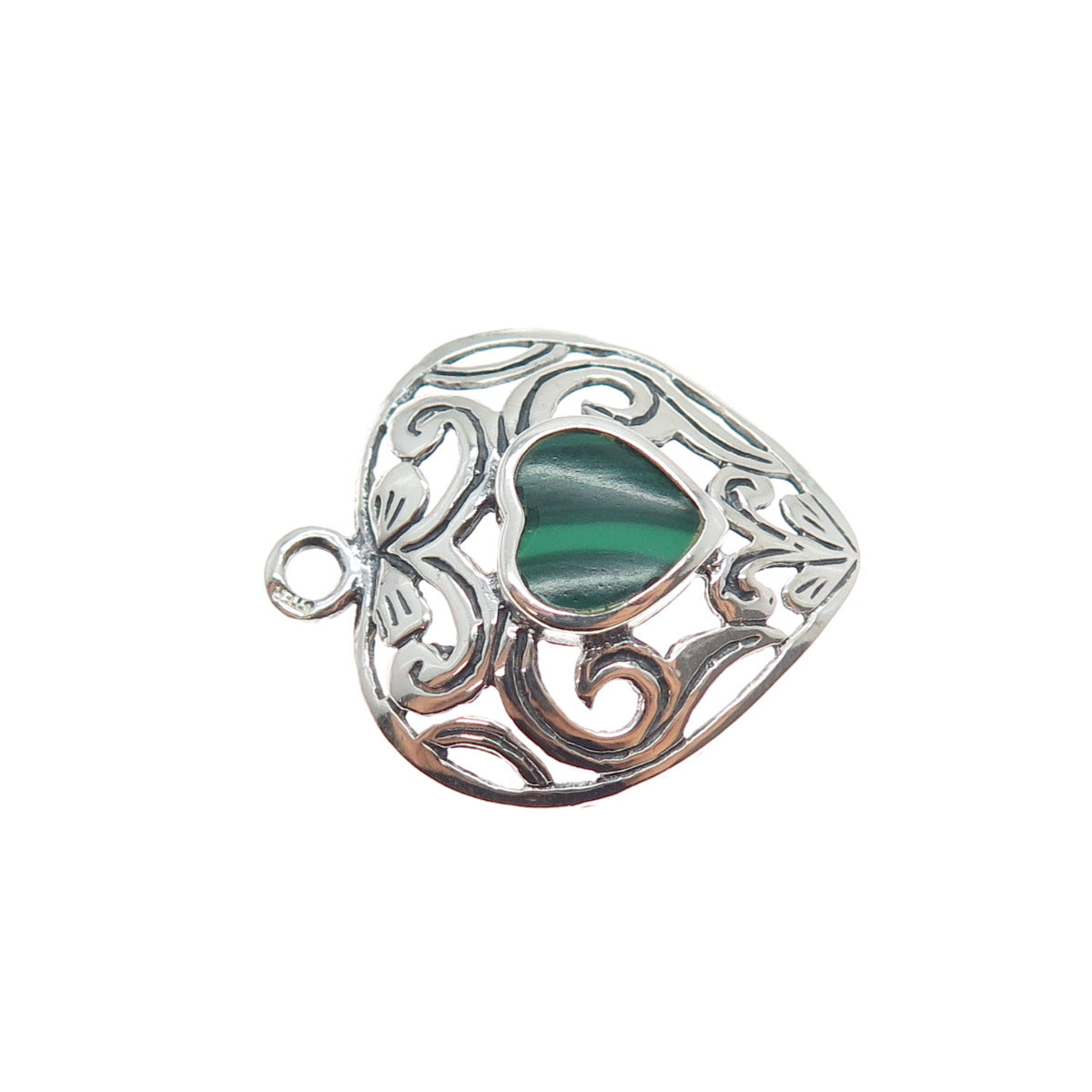 925 Sterling Silver Vintage Real Malachite Floral Heart Charm Pendant