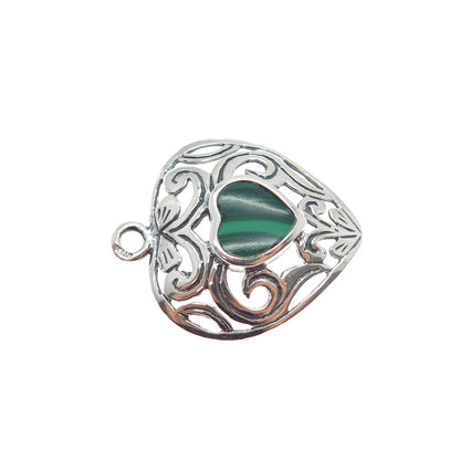 925 Sterling Silver Vintage Real Malachite Floral Heart Charm Pendant