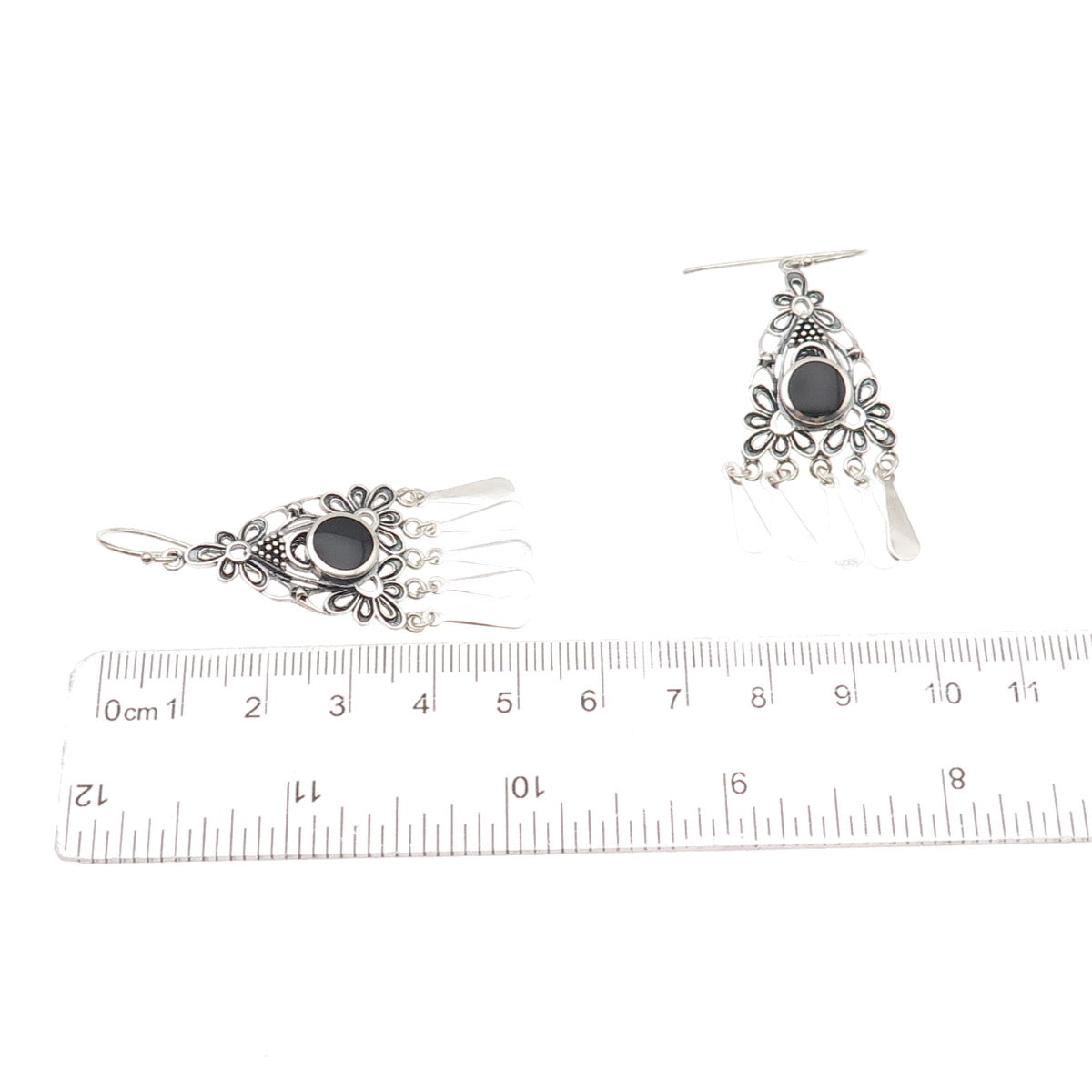 925 Sterling Silver Vintage Real Black Onyx Floral Oxidized Dangle Earrings