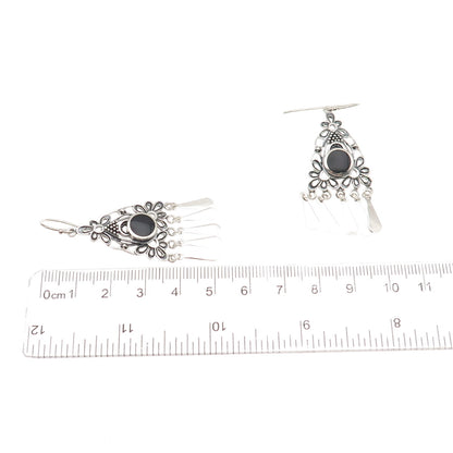 925 Sterling Silver Vintage Real Black Onyx Floral Oxidized Dangle Earrings