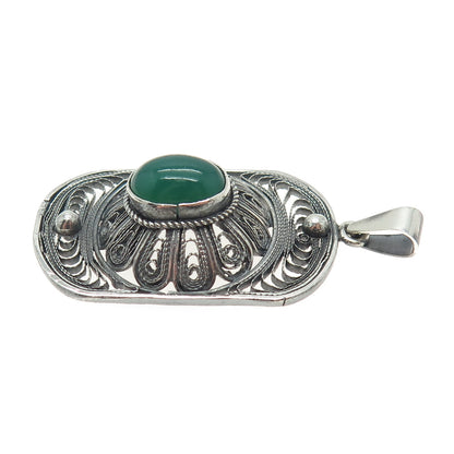 800 Silver Vintage Real Green Onyx Filigree Oxidized Pendant