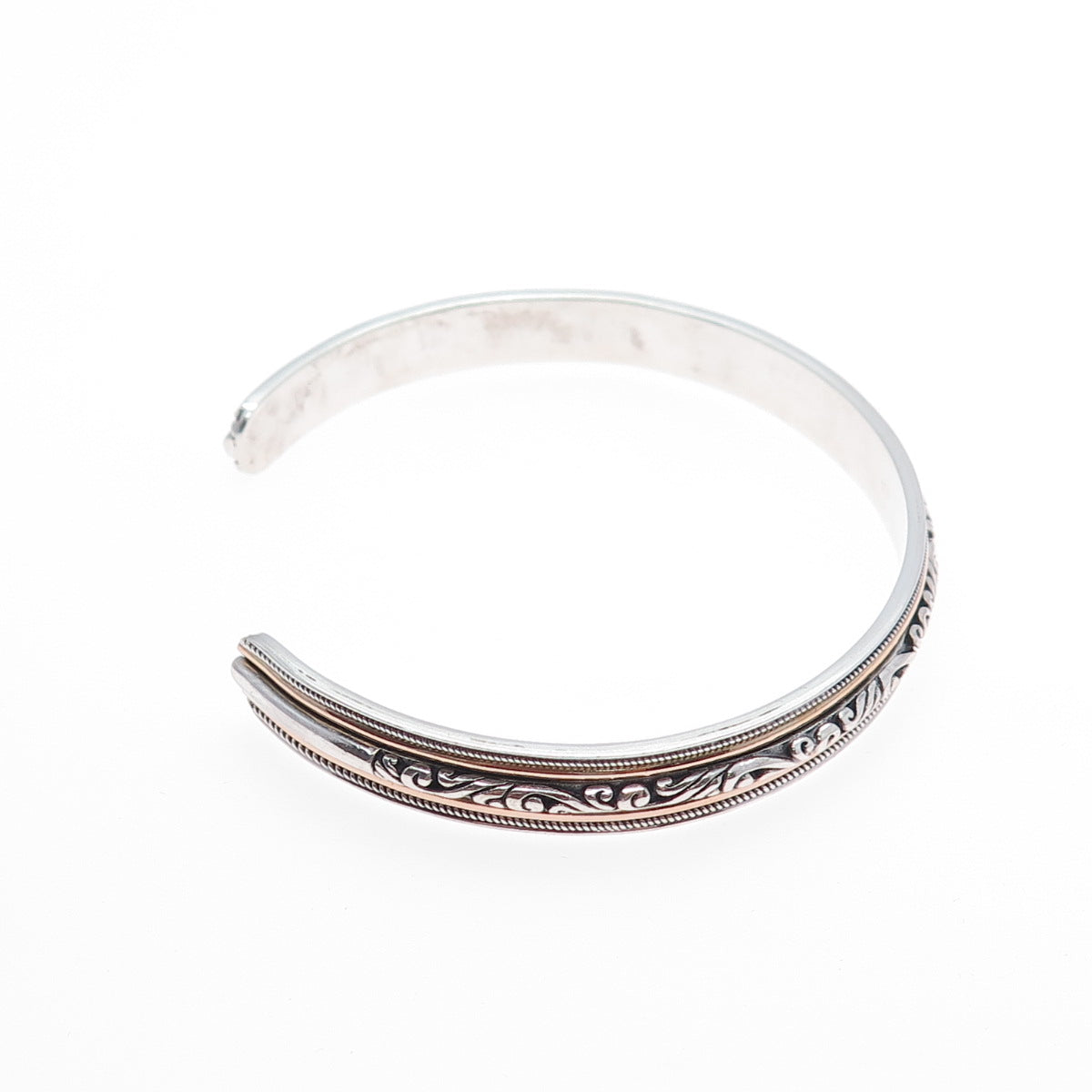 925 Sterling Silver 2-Tone Vintage Floral Scroll Adjustable Cuff Bracelet 7.75"