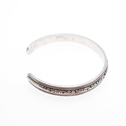 925 Sterling Silver 2-Tone Vintage Floral Scroll Adjustable Cuff Bracelet 7.75"
