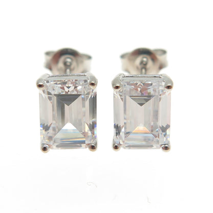 925 Sterling Silver Emerald-Cut C Z Stud Earrings