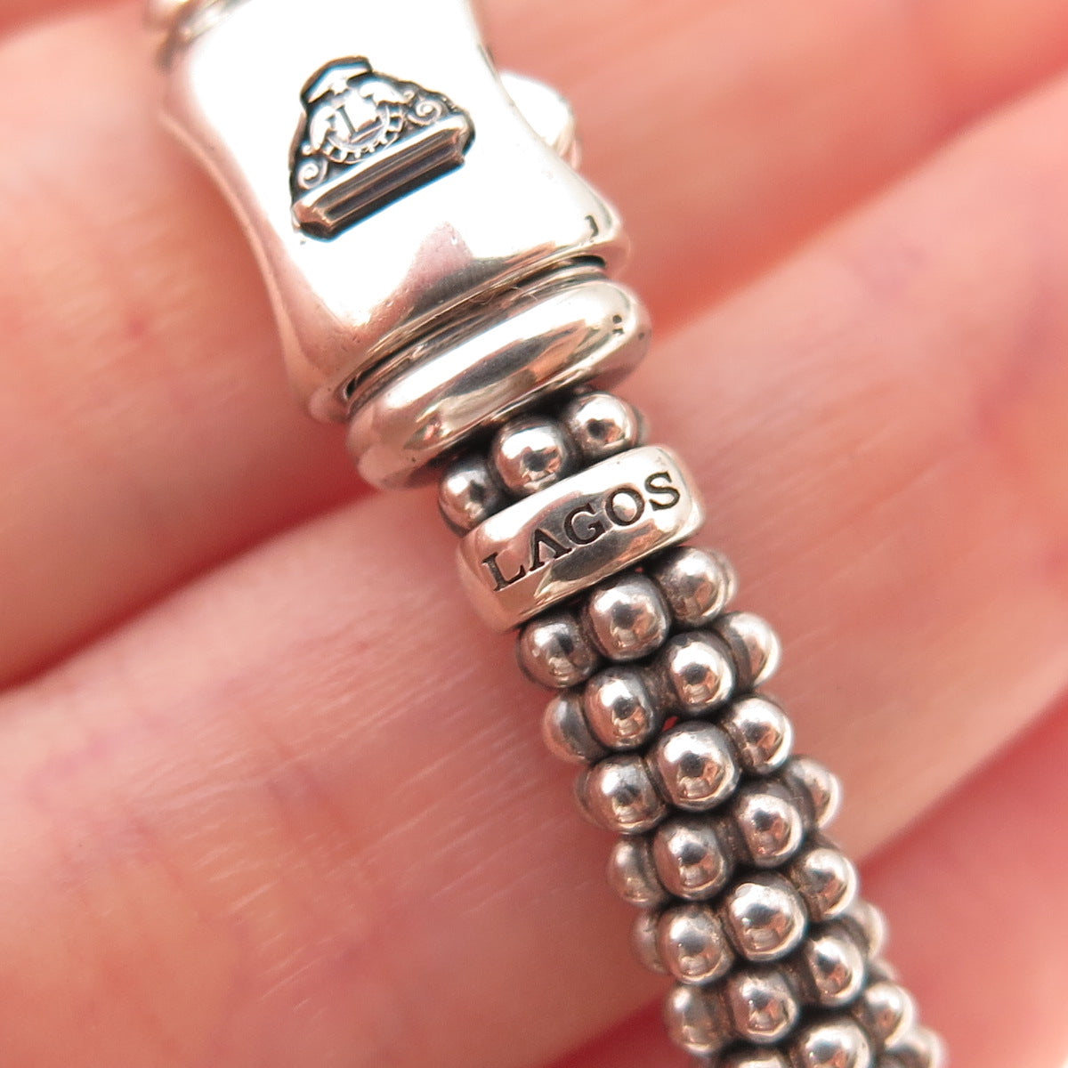 Lagos 925 Sterling Silver 18K Gold Real Diamond X-Shape Caviar Bracelet 6.75"