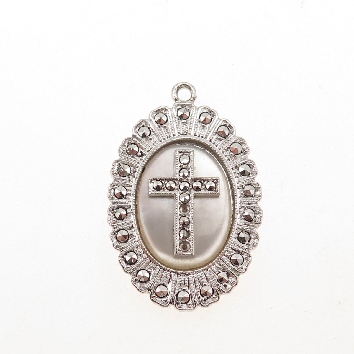 Kimler & Daniel Sterling Antique Marcasites MOP Cross Pendant (missing 2 stones)