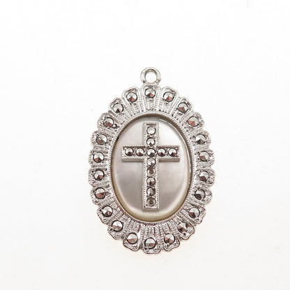 Kimler & Daniel Sterling Antique Marcasites MOP Cross Pendant (missing 2 stones)