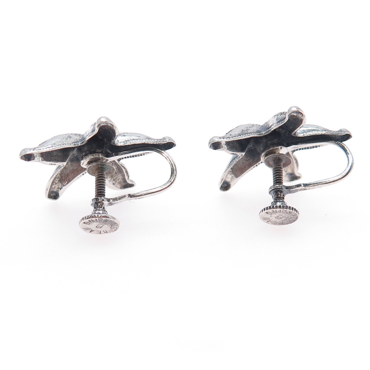 BEAU 925 Sterling Silver Antique Art Deco Starfish Oxidized Screw Back Earrings